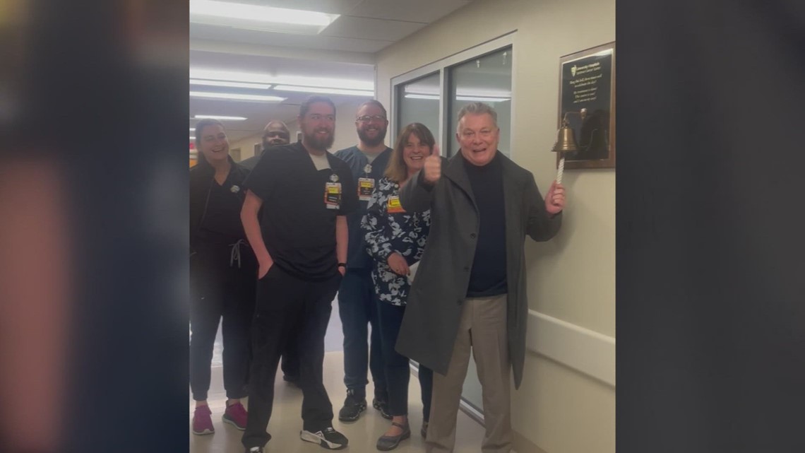 Jim Donovan rings the bell at University Hospitals following his last radiation treatment [Video]