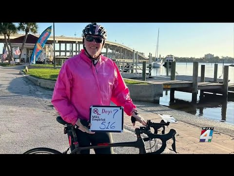 Man riding bike 4,100 miles for breast cancer research makes pit stop to share story in Jacksonv… [Video]